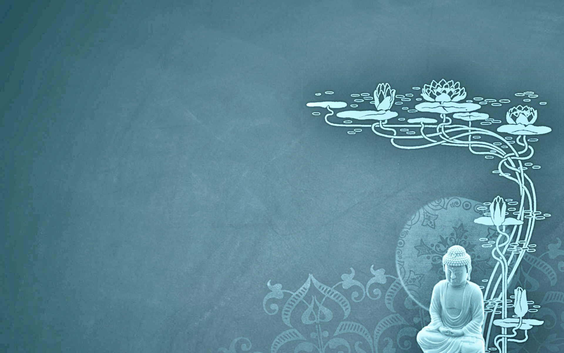 佛教的啟示之路 壁紙 — 一尊寧靜的佛像坐在風格化的白色蓮花藤蔓下，背景是帶紋理的青綠色。