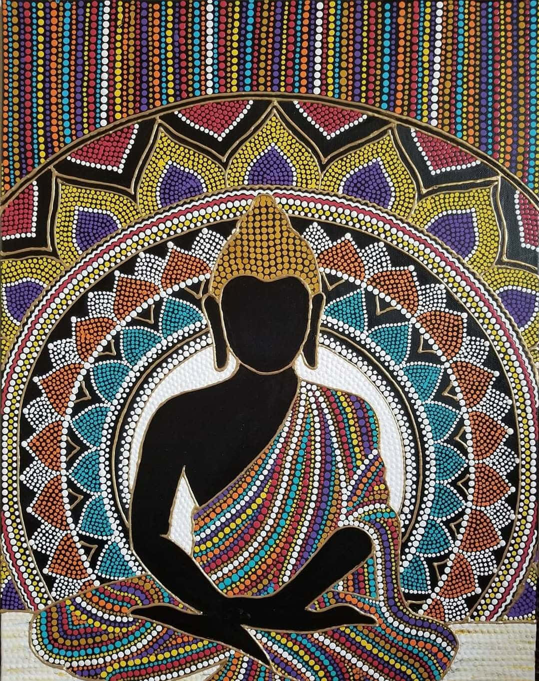 佛像剪影在冥想中，被彩色點狀曼陀羅圖案包圍。