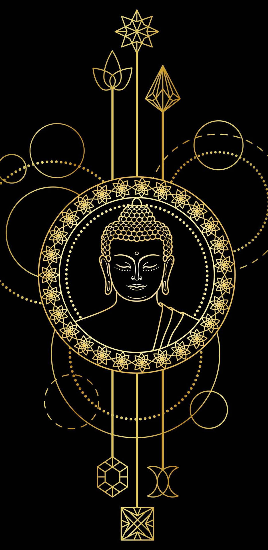 金色佛像頭部，帶有神聖幾何符號，黑色背景