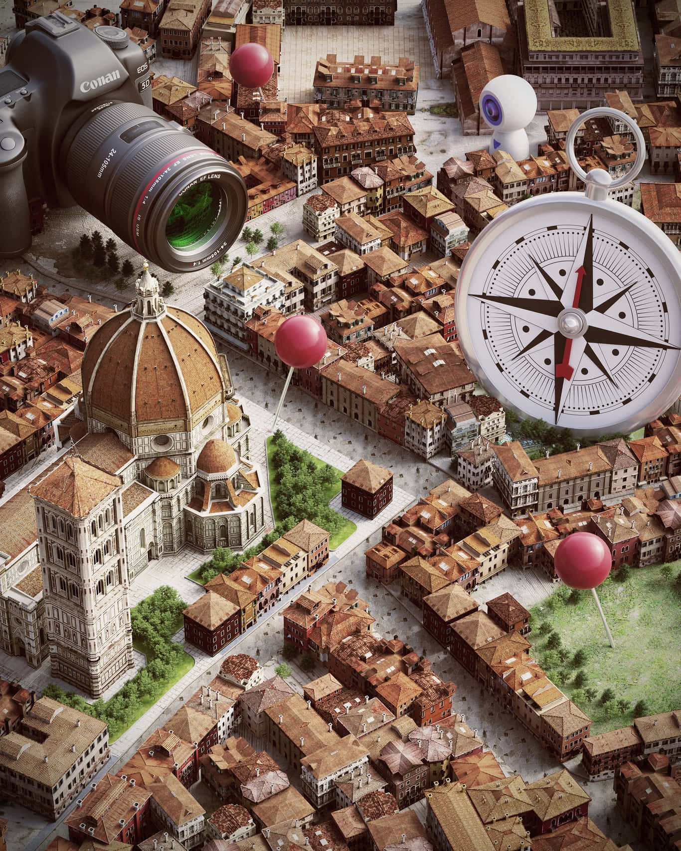 3d Travel 桌布 壁紙 — 佛羅倫斯的鳥瞰圖，一個巨大的相機和指南針漂浮在其歷史悠久的屋頂和圓頂之上。