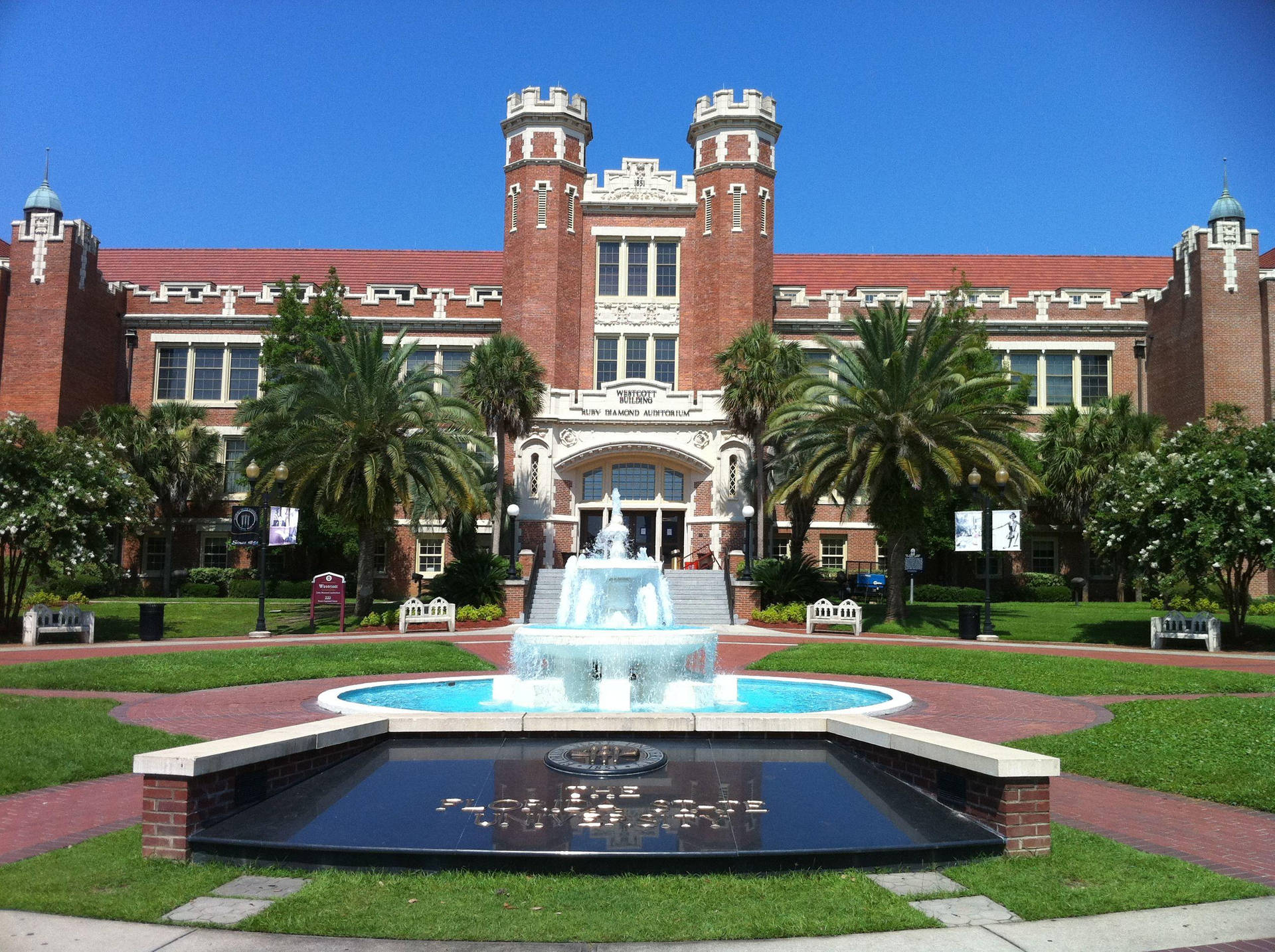大學建築，噴泉和棕櫚樹，晴朗的日子