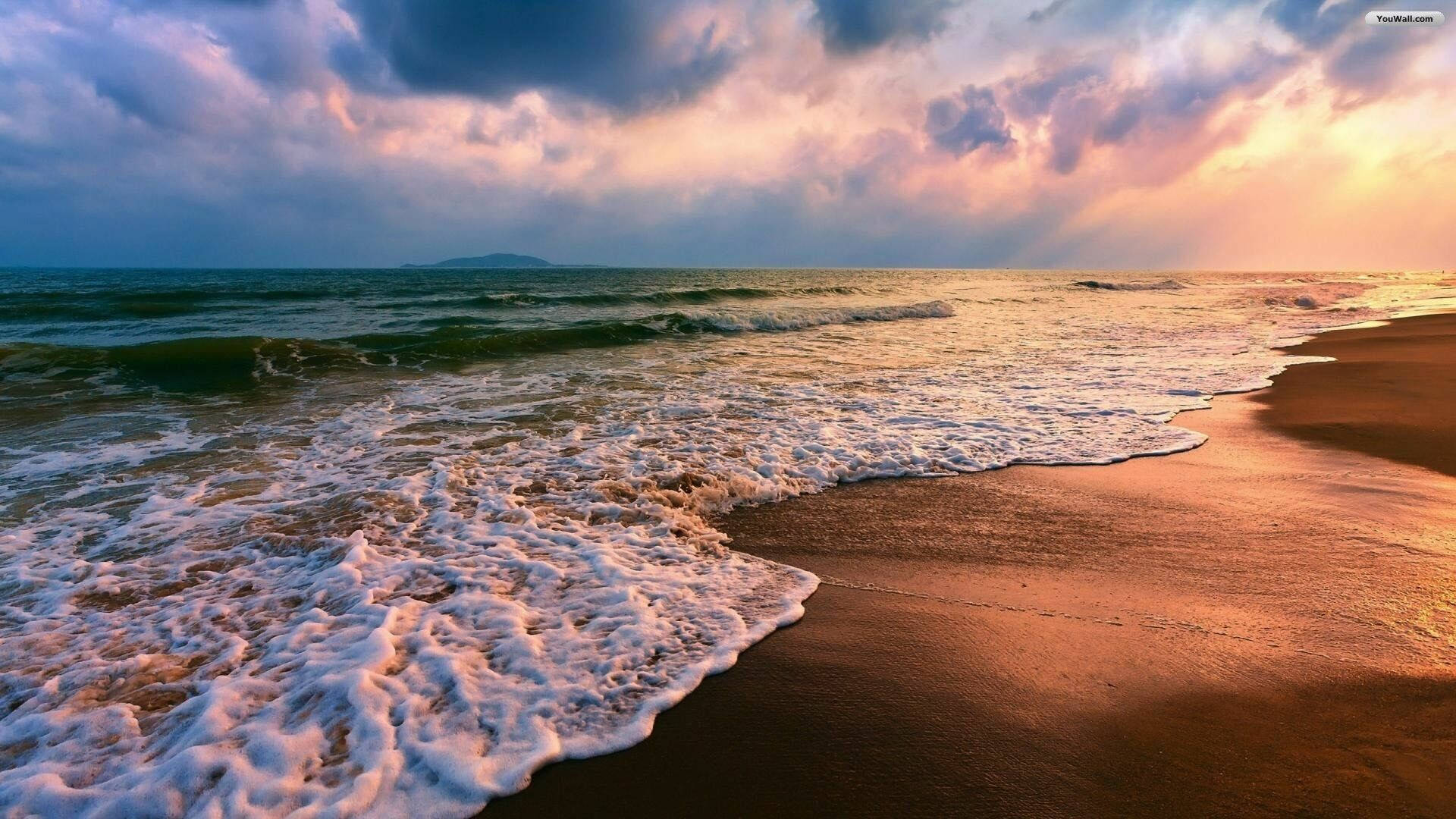 金色夕陽下，海浪拍打沙灘，伴隨著紫色雲彩。