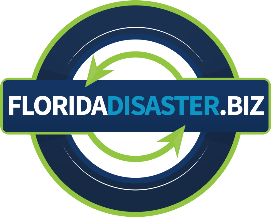 佛羅里達災難商標 壁紙 — 一個圓形標誌，帶有綠色箭頭和文字 FloridaDisaster.biz，背景為深藍色。