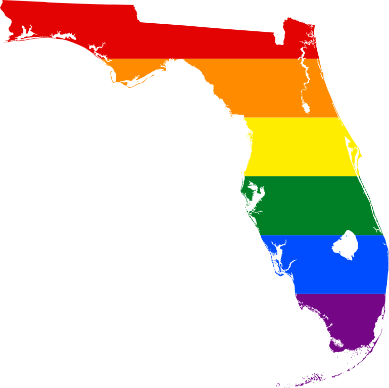 佛羅里達驕傲色彩地圖 壁紙 — 佛羅里達州的輪廓，充滿了代表 LGBTQ+ 驕傲的橫向彩虹條紋。