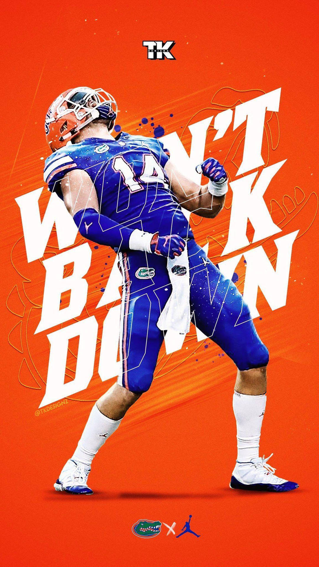 身穿藍色和橙色裝備的足球運動員，帶有「WON'T BACK DOWN」文字