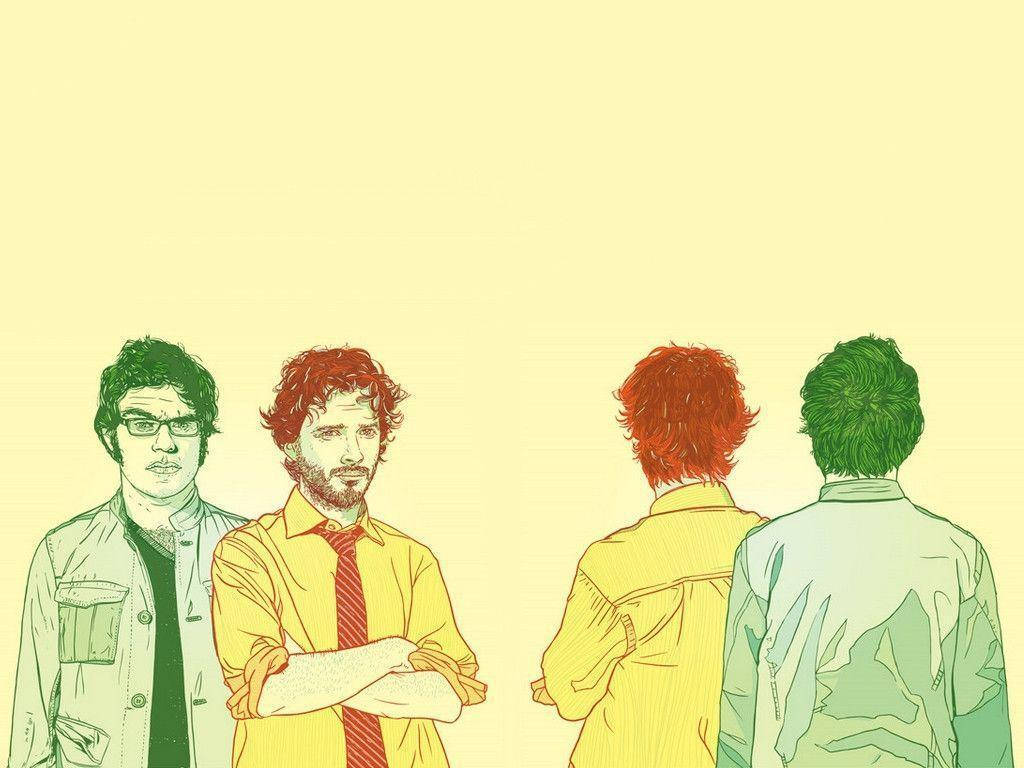 佛萊迪·康查德單色藝術 壁紙 — 四個插圖男子，頭髮和服裝色彩繽紛，站在淡黃色背景前，兩個面向正面，兩個背對。