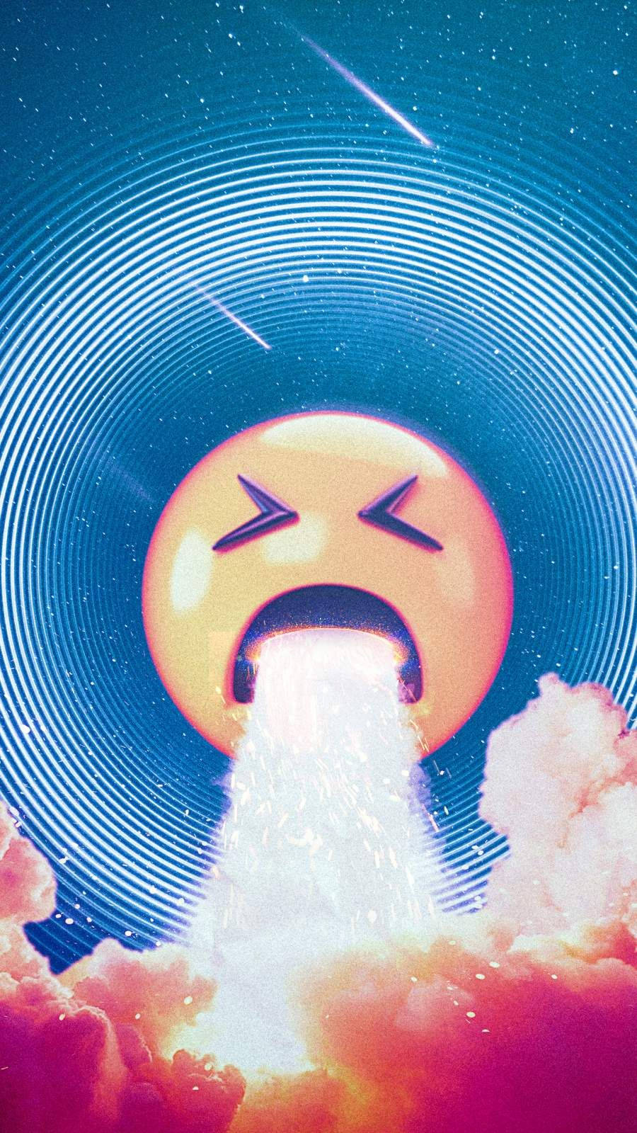 尖叫表情符號喺有流星嘅宇宙場景中從雲層爆發。