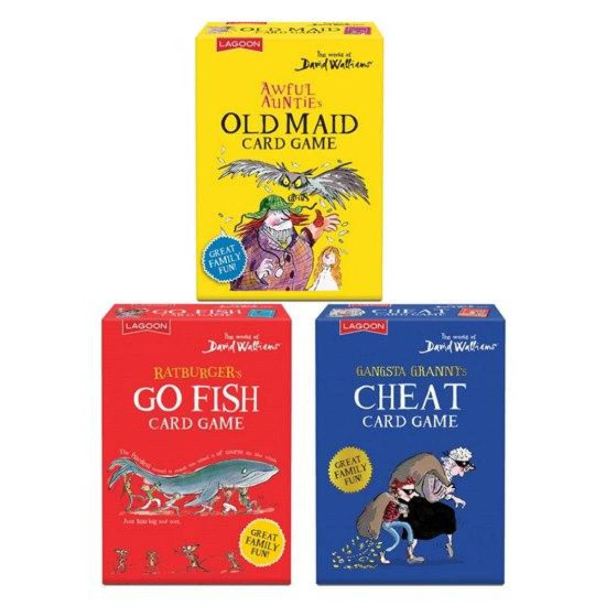 三個卡牌遊戲盒，帶有卡通角色和標題，如Old Maid和Cheat。