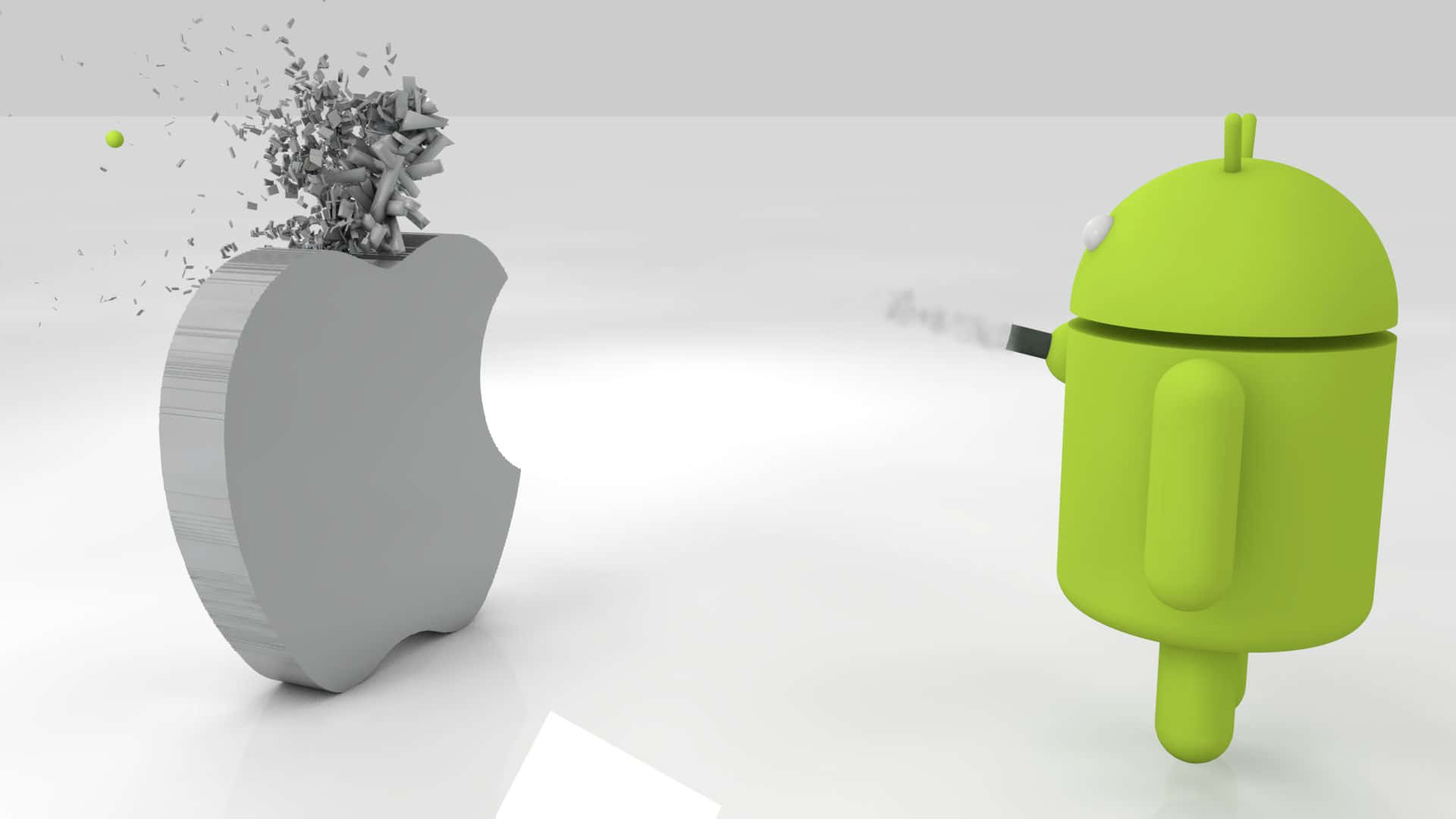 綠色Android機械人在白色工作室中用粒子碎片炸毀灰色Apple標誌。