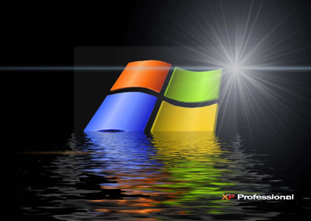 Windows XP 標誌從水中升起，背後有發光的光線。