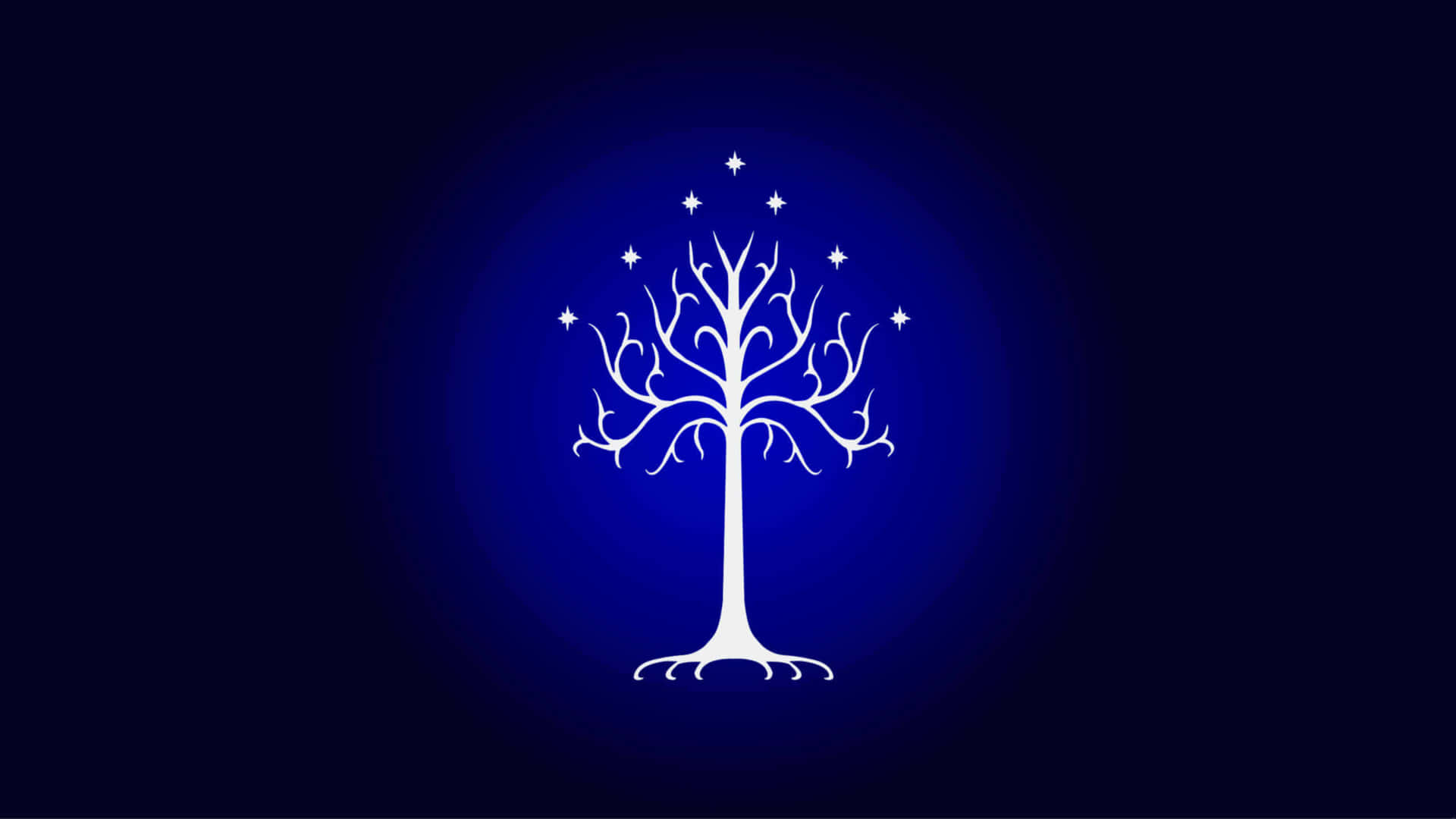白色風格化樹木，星星在深藍色漸變背景上發光。