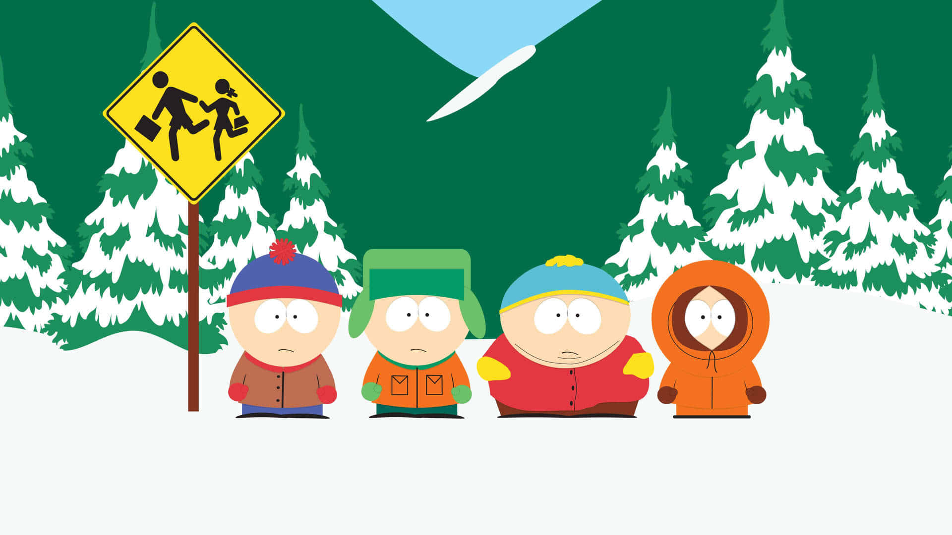 四個卡通兒童穿著冬季裝備站在雪景中，有松樹和山脈。