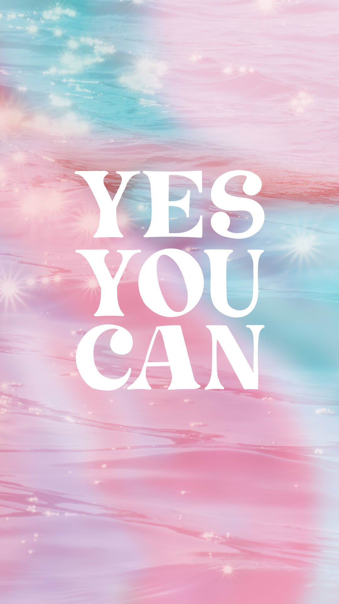 在粉彩水波紋背景上帶有閃爍效果的勵志文字「YES YOU CAN」。