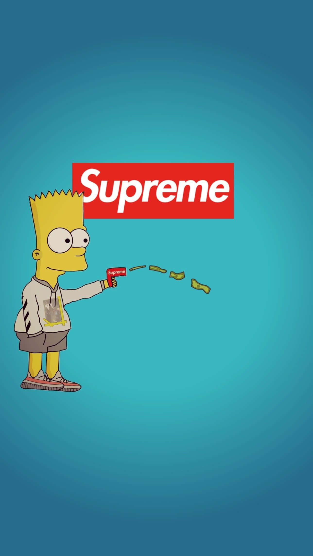 「你好，大家！Supreme荷馬辛普森」 壁紙 — 巴特·辛普森身穿連帽衫，用一把紅色的Supreme槍瞄準，槍口射出綠色美元鈔票，背景是青綠漸變色。