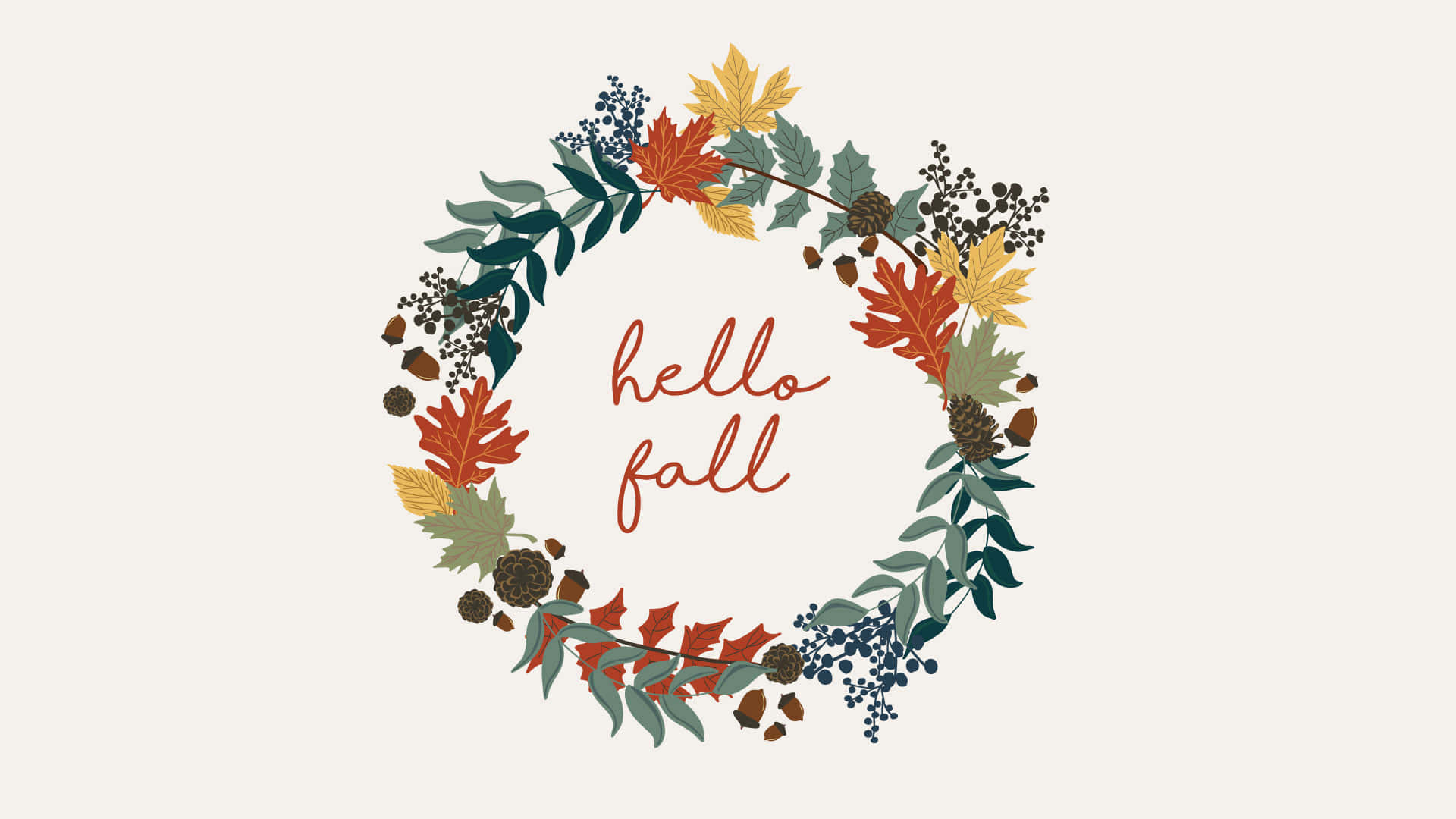 圓形秋季花環，以樹葉、松果和漿果環繞 hello fall 文字。