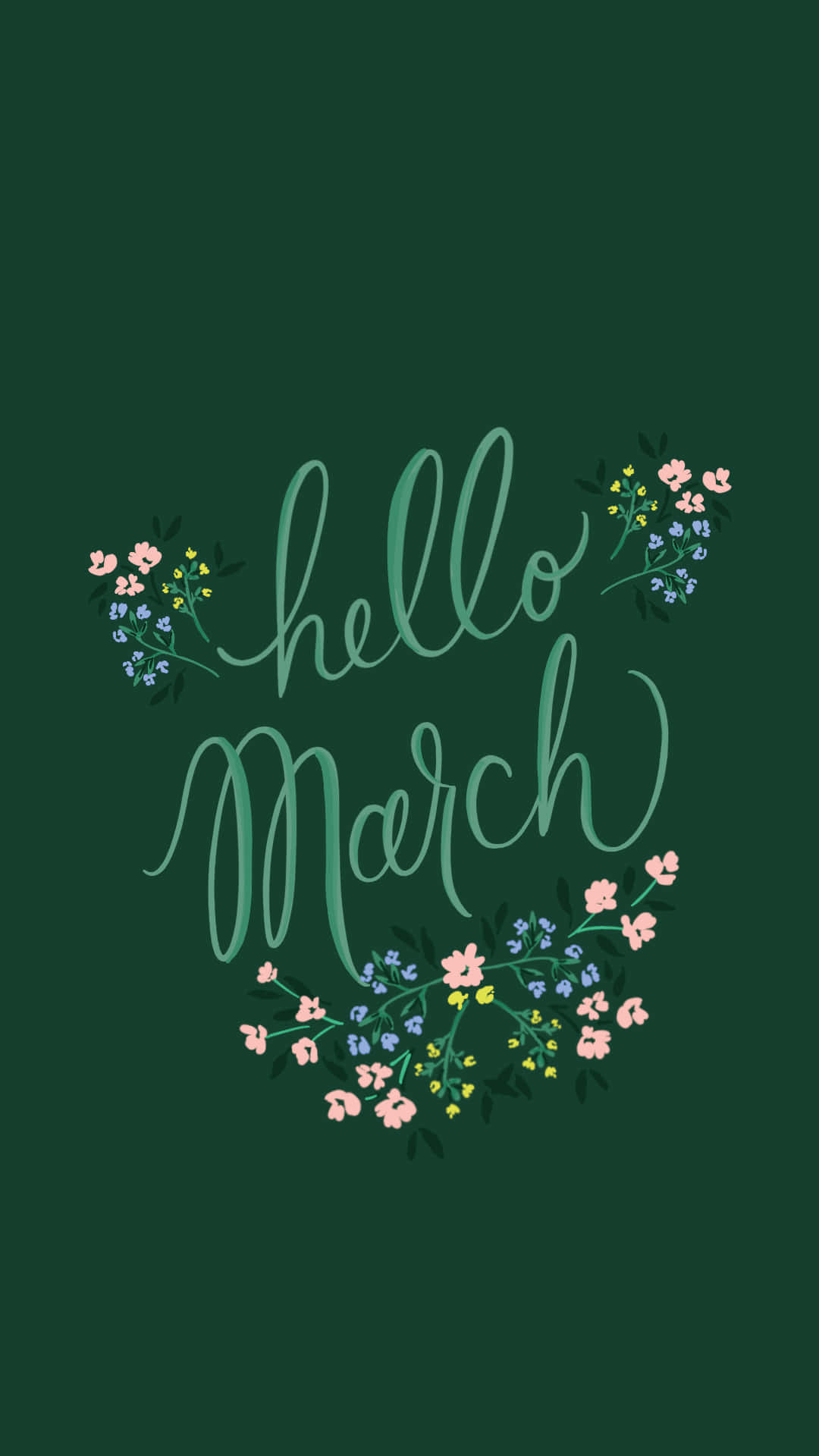 Hello March祝賀語，配以深綠色背景上嘅花環。
