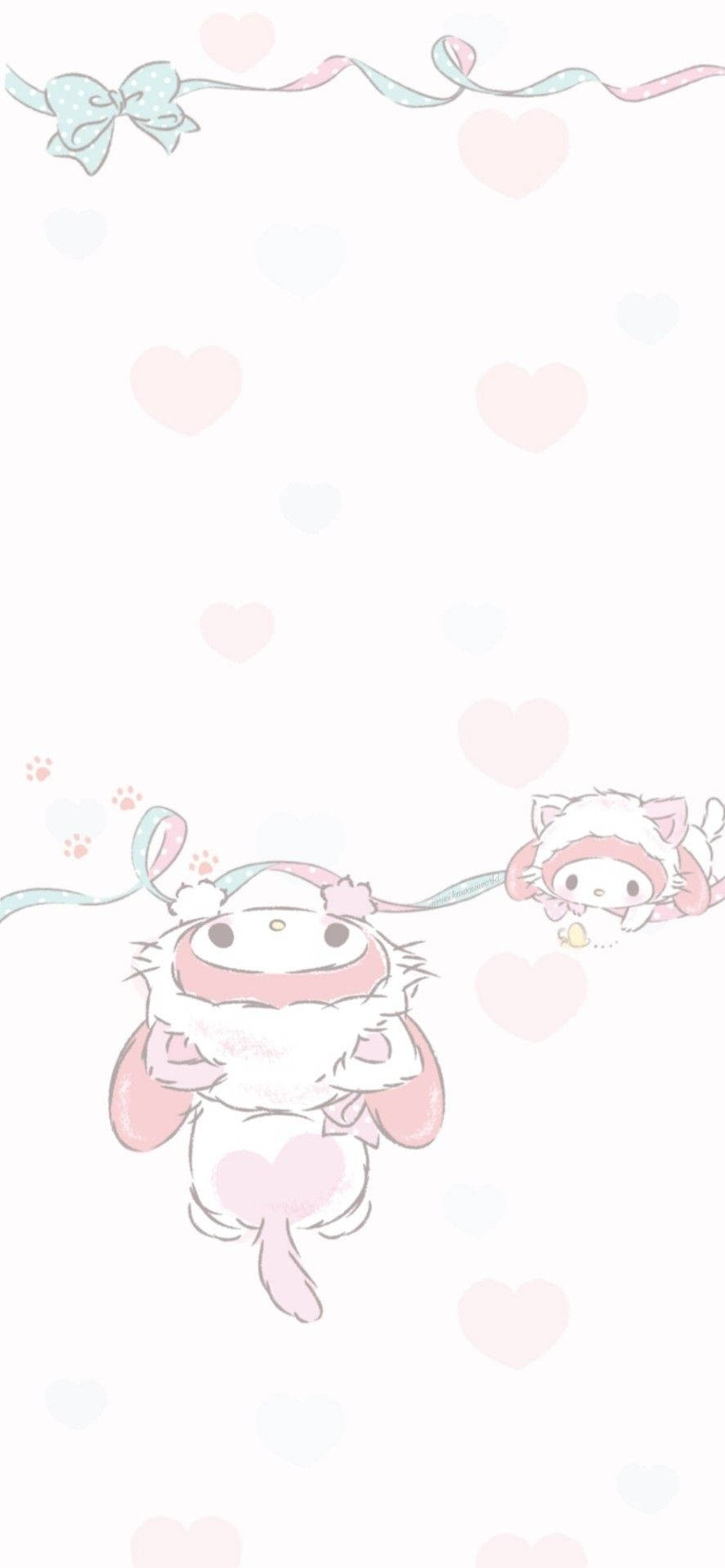 兩個My Melody角色在帶有蝴蝶結的粉彩心形中漂浮。