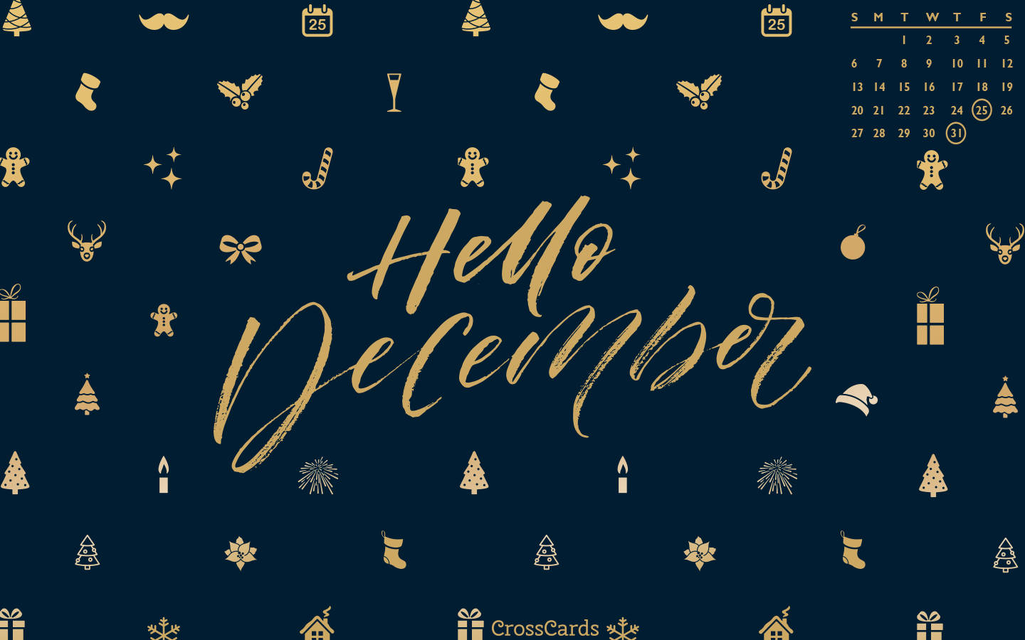 深藍色壁紙，帶有金色聖誕圖標和 'Hello December' 文字。