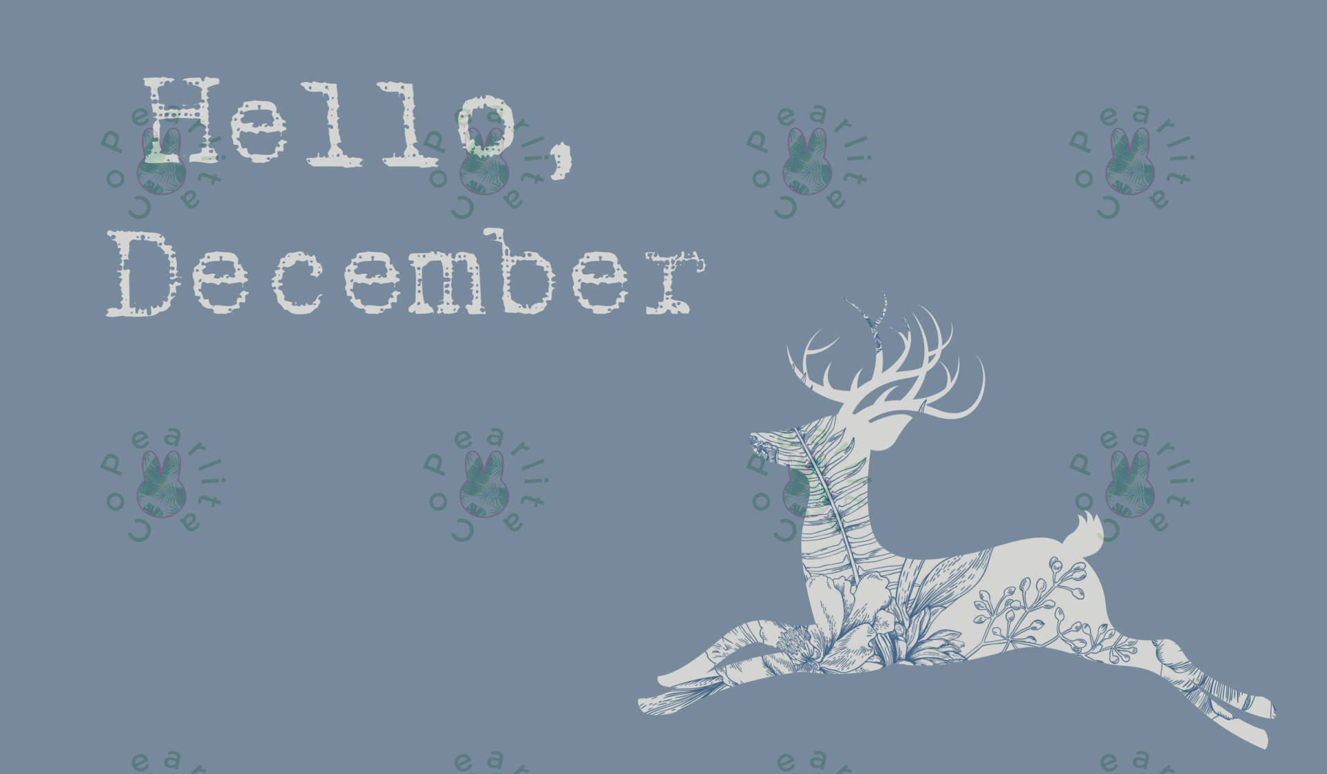 帶有葉狀圖案和「Hello, December」文字的藍色背景裝飾性鹿插圖。
