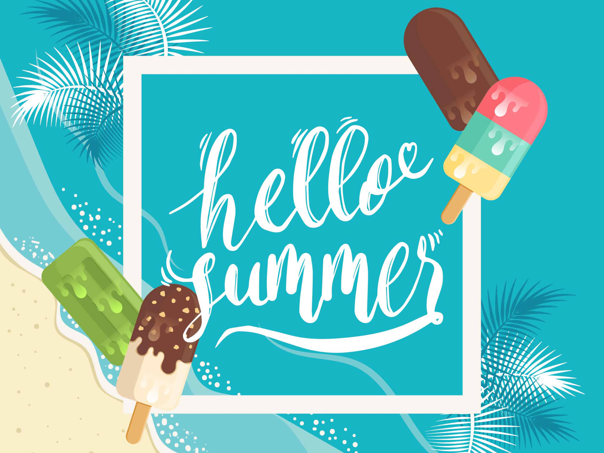 Hello summer 文字被冰棒和棕櫚葉環繞在藍色背景上。