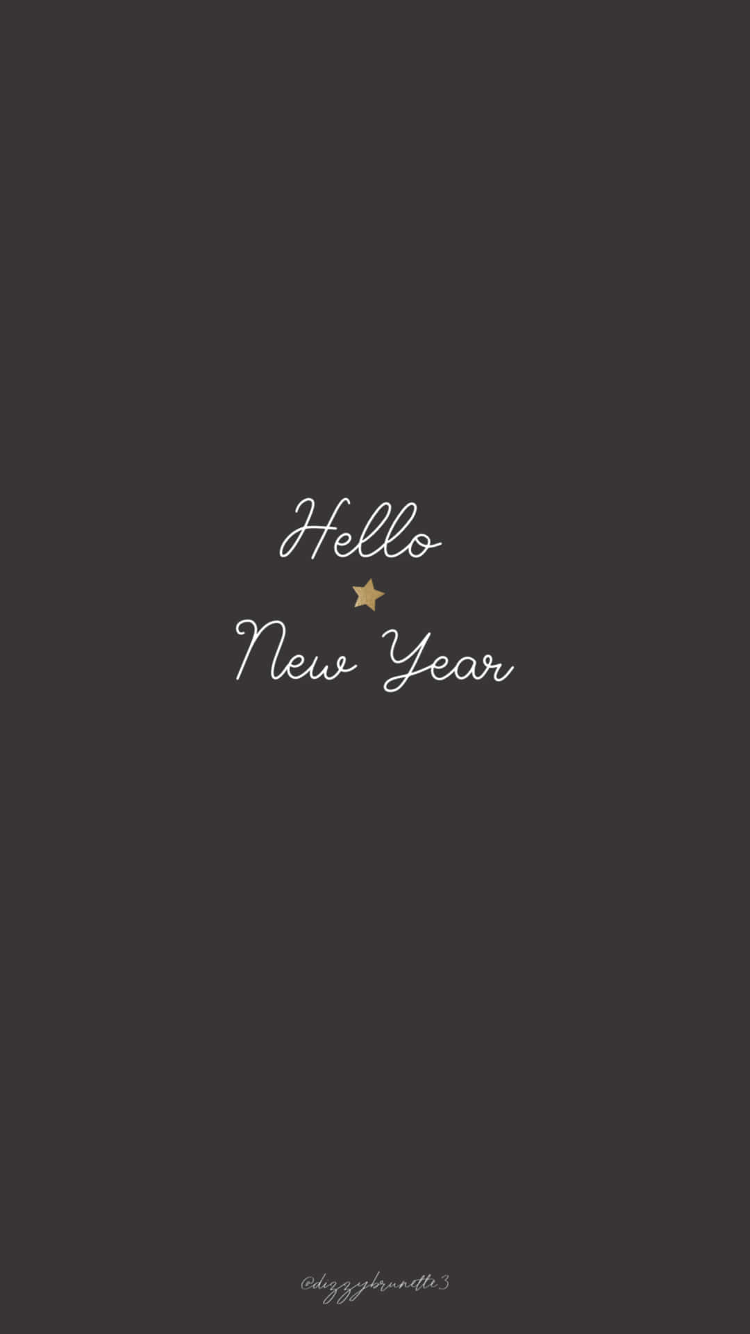 深灰色背景，白色草書文字寫著 Hello New Year 和一顆小金星星。
