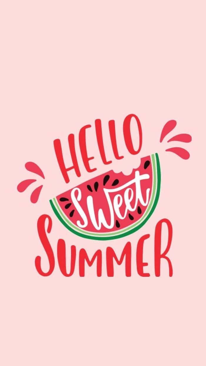 Hello Sweet Summer 文字與西瓜圖形在粉紅色背景上