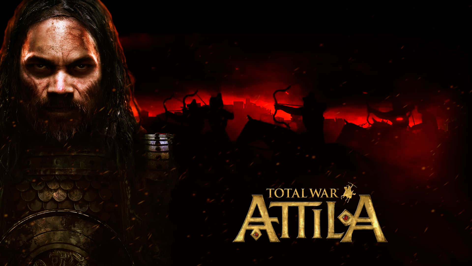 滿臉鮮血的鎧甲戰士，在火紅戰場上與Total War Attila標誌