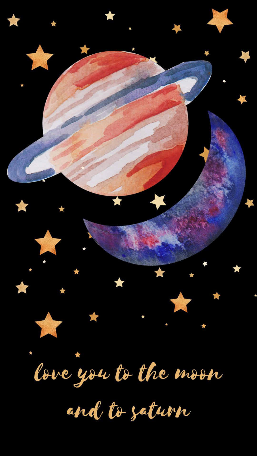水彩風格的土星和月亮，帶有星星和浪漫文字。