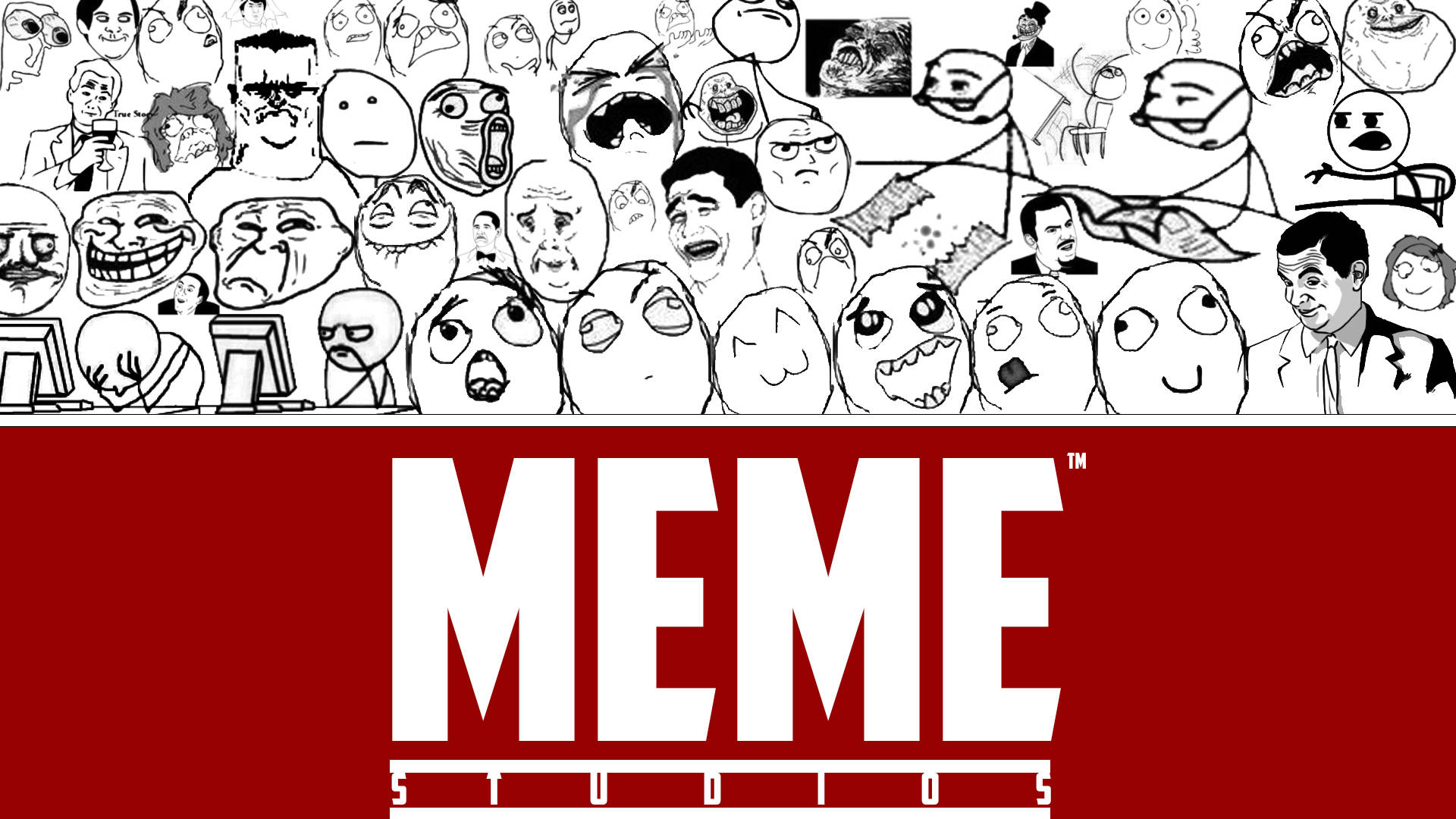 熱門網絡迷因面孔合集，上方有一個紅色橫幅，白色文字寫著 MEME STUDIOS。