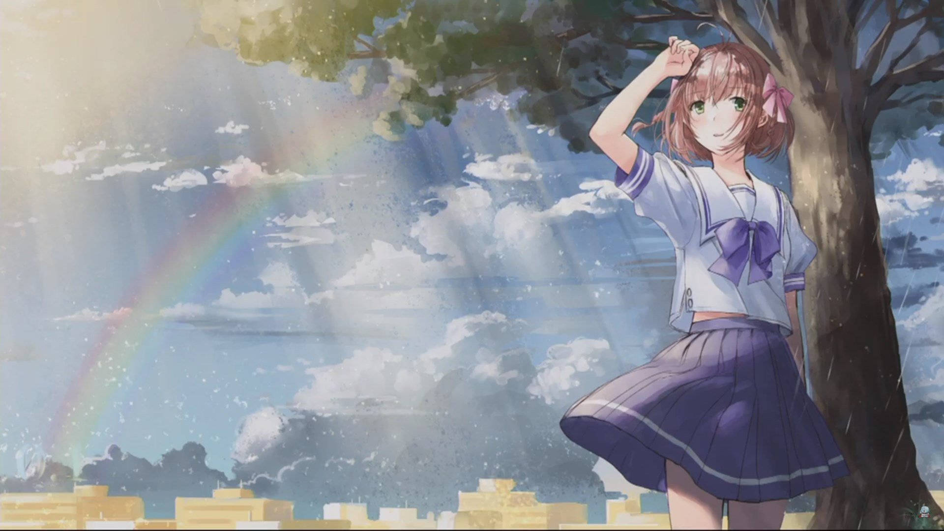 穿著校服的動漫女孩在樹下，有彩虹和雲朵