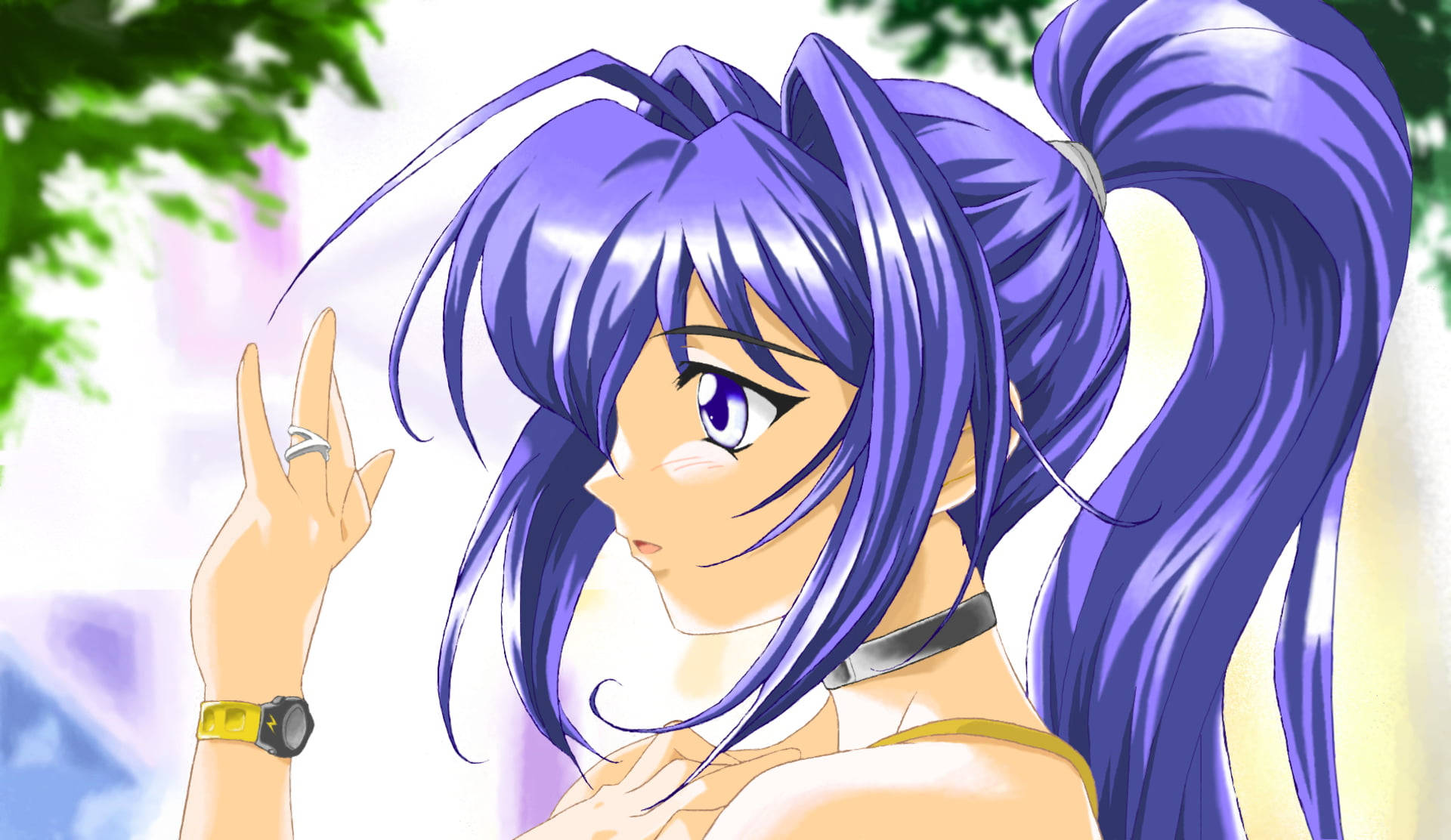 紫髮動漫女孩在明亮的夏日陽光下戶外揮手。