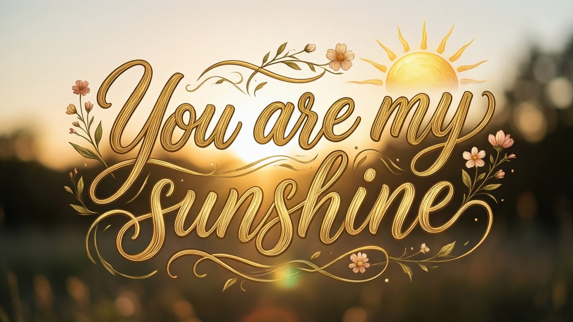 金色草書文字「You are my Sunshine」，配有花朵和太陽。