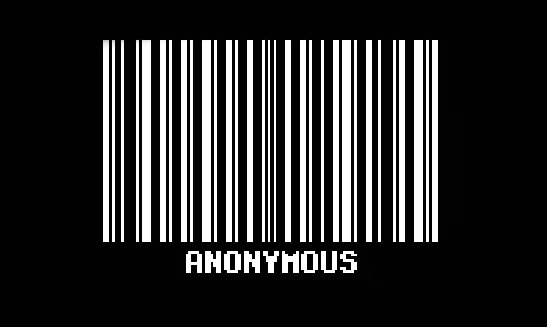黑色背景上的白色條碼，像素化文字顯示 anonymous。