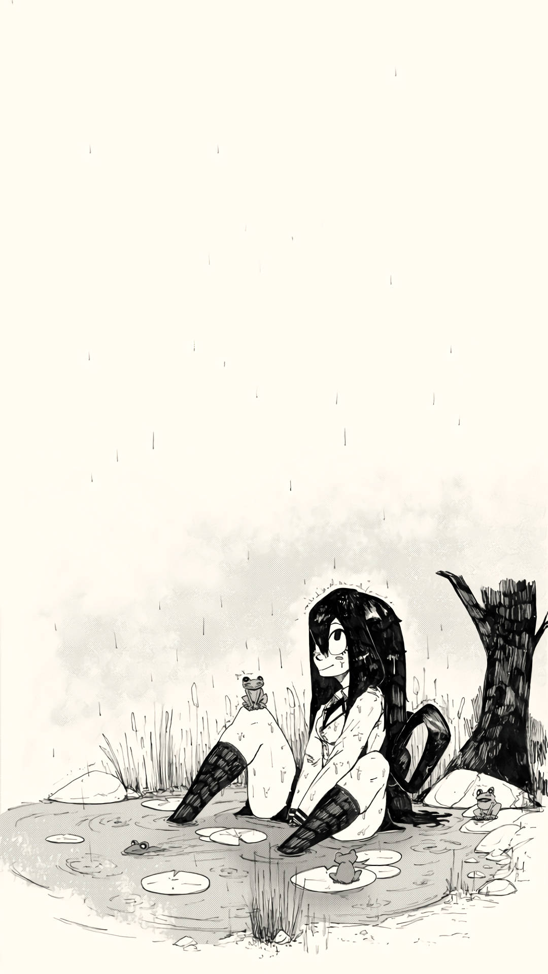 你最愛的英雄登場 壁紙 — 一個孤獨的動漫女孩坐在雨點斑駁的池塘邊，池塘裏有青蛙和睡蓮，天空是柔和的灰色。