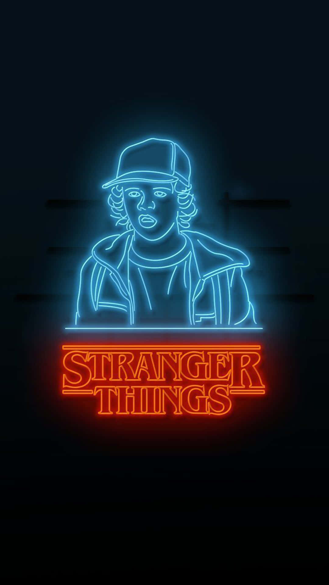 霓虹燈牌，顯示一個男孩和「Stranger Things」標題，發出藍色和橙色光芒。