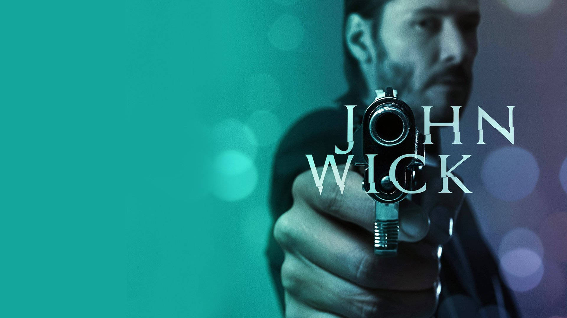 一個男人用手槍瞄準觀眾，背景是藍綠色和紫色，帶有「JOHN WICK」文字。