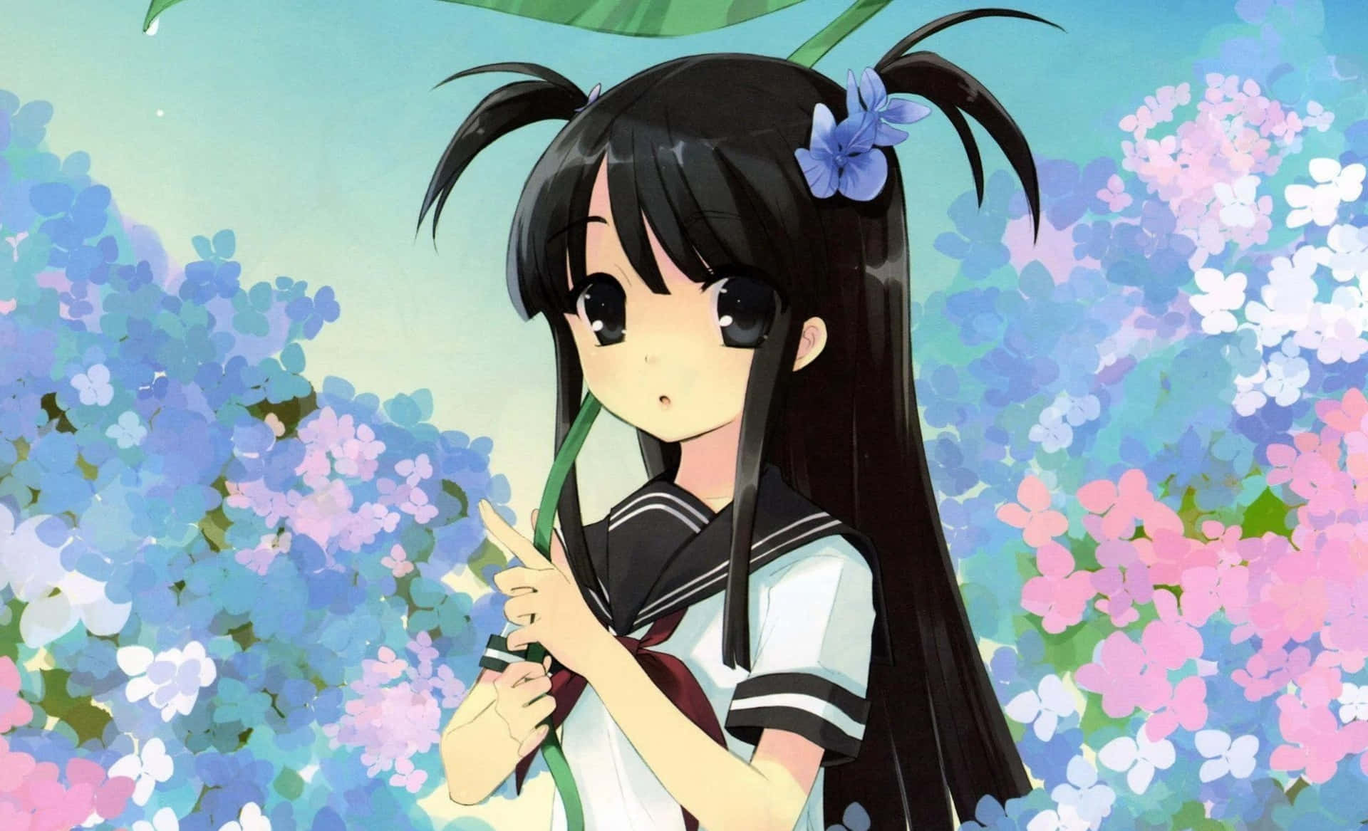穿著校服的動漫女孩站在五顏六色的花朵中