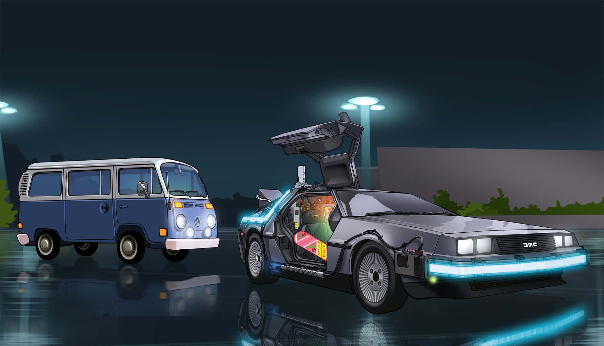 藍色貨車和銀色DeLorean，帶有發光的藍色燈光，停在潮濕的夜晚街道上。 — 回到未來 GIF 壁紙