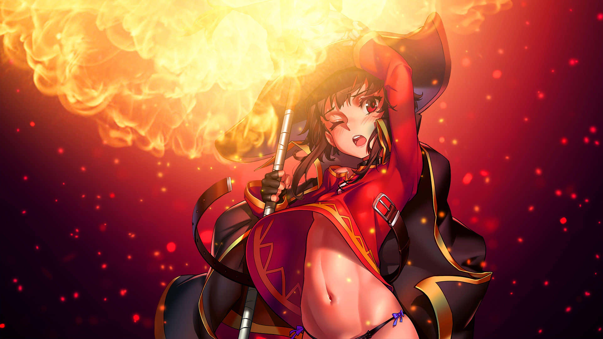 動漫女巫用發光法杖施展火魔法，背景是紅色閃爍