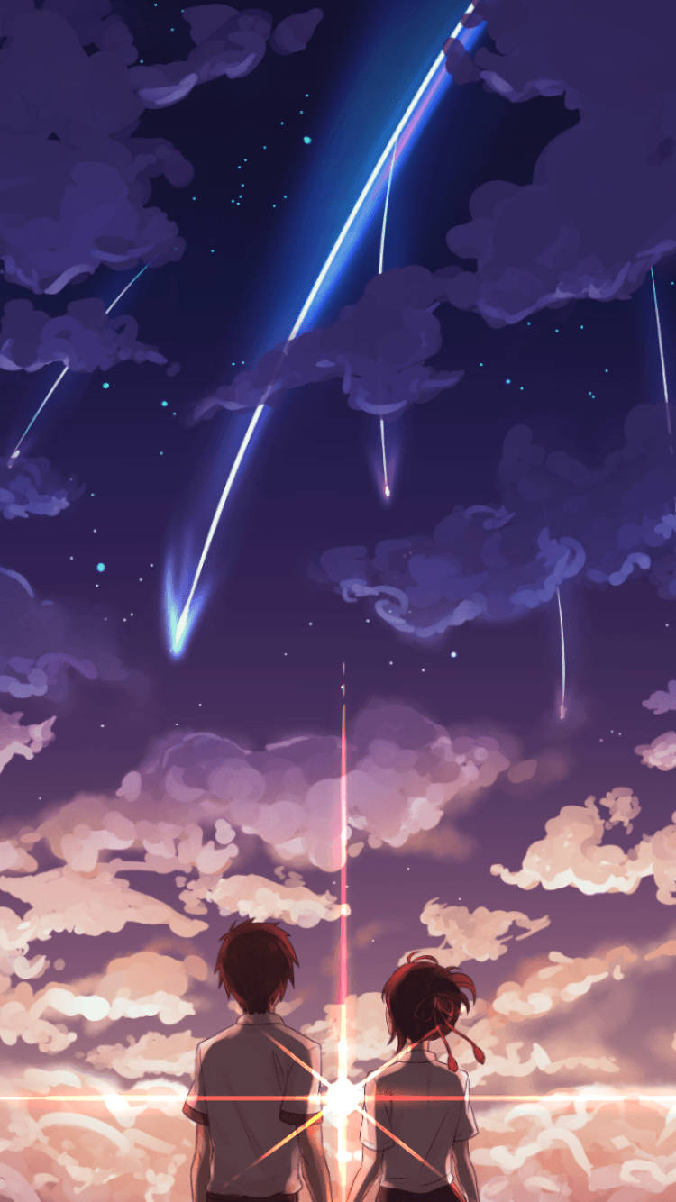 兩個動漫角色觀看發光流星穿過暮色天空墜落。