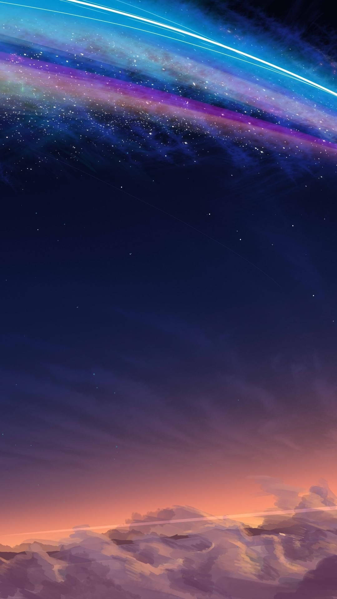 色彩繽紛的宇宙天空，在柔和的雲層地平線之上有星雲。