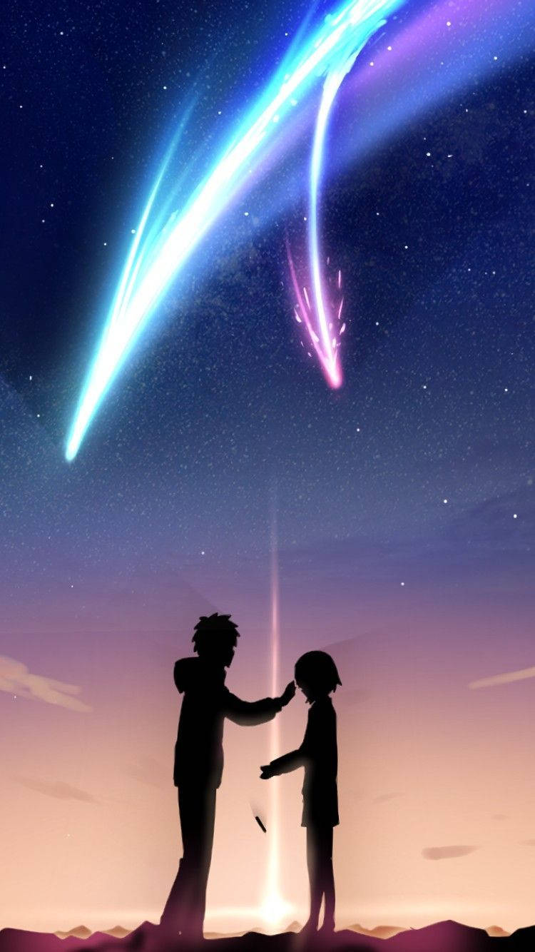 兩個剪影人物在發光的彗星軌跡下，在繁星點點的夜空中互相伸手。