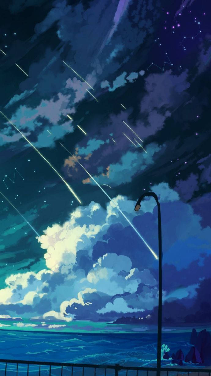 海邊路燈，星空下流星劃過