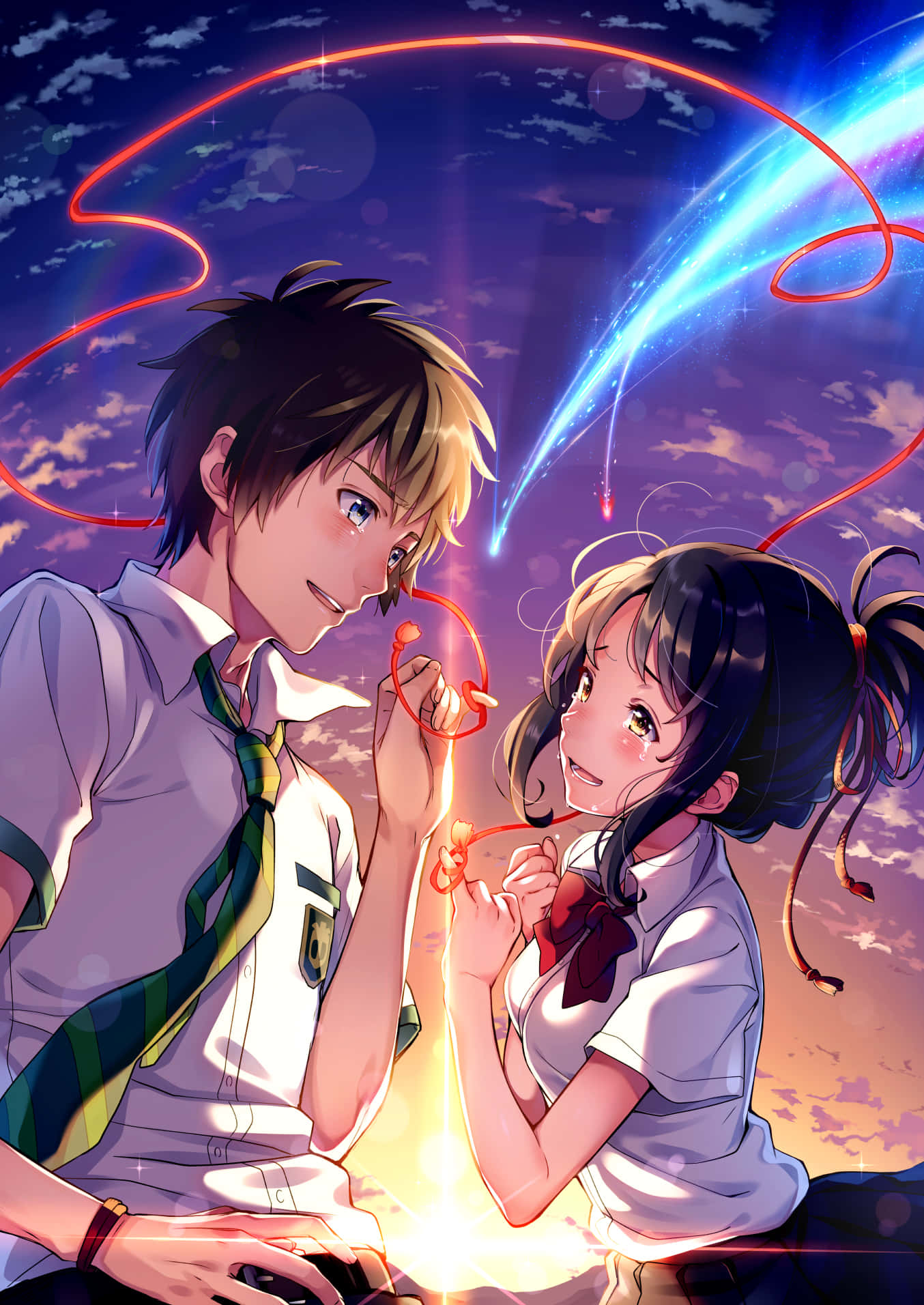 《你的名字。》中三葉與瀧仰望夜空 壁紙 — 兩個穿著校服的動漫青少年在充滿光跡的暮色天空下手持發光的紅色絲帶。
