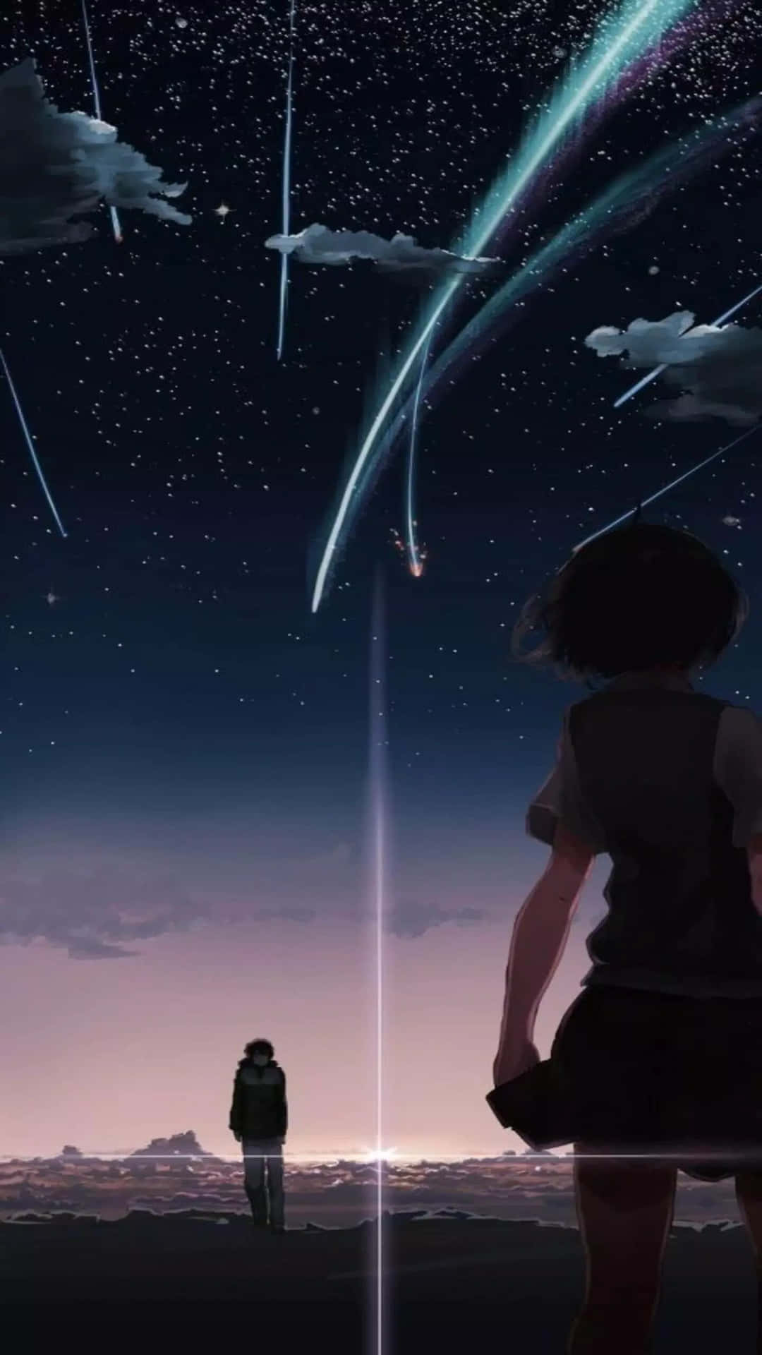 兩個人影站在山丘上，觀看流星劃過星空。