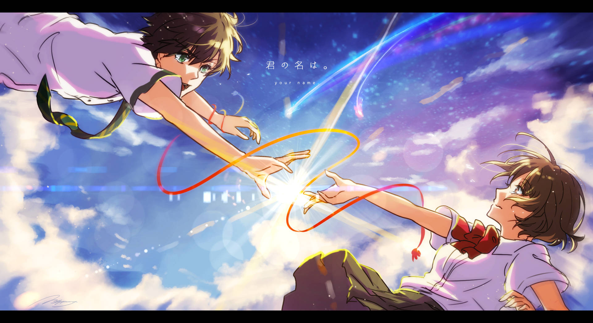 《你的名字》動畫 Kimi No Nawa 壁紙 — 兩個動漫角色在星空下互相伸手，發光的能量連接他們的手。