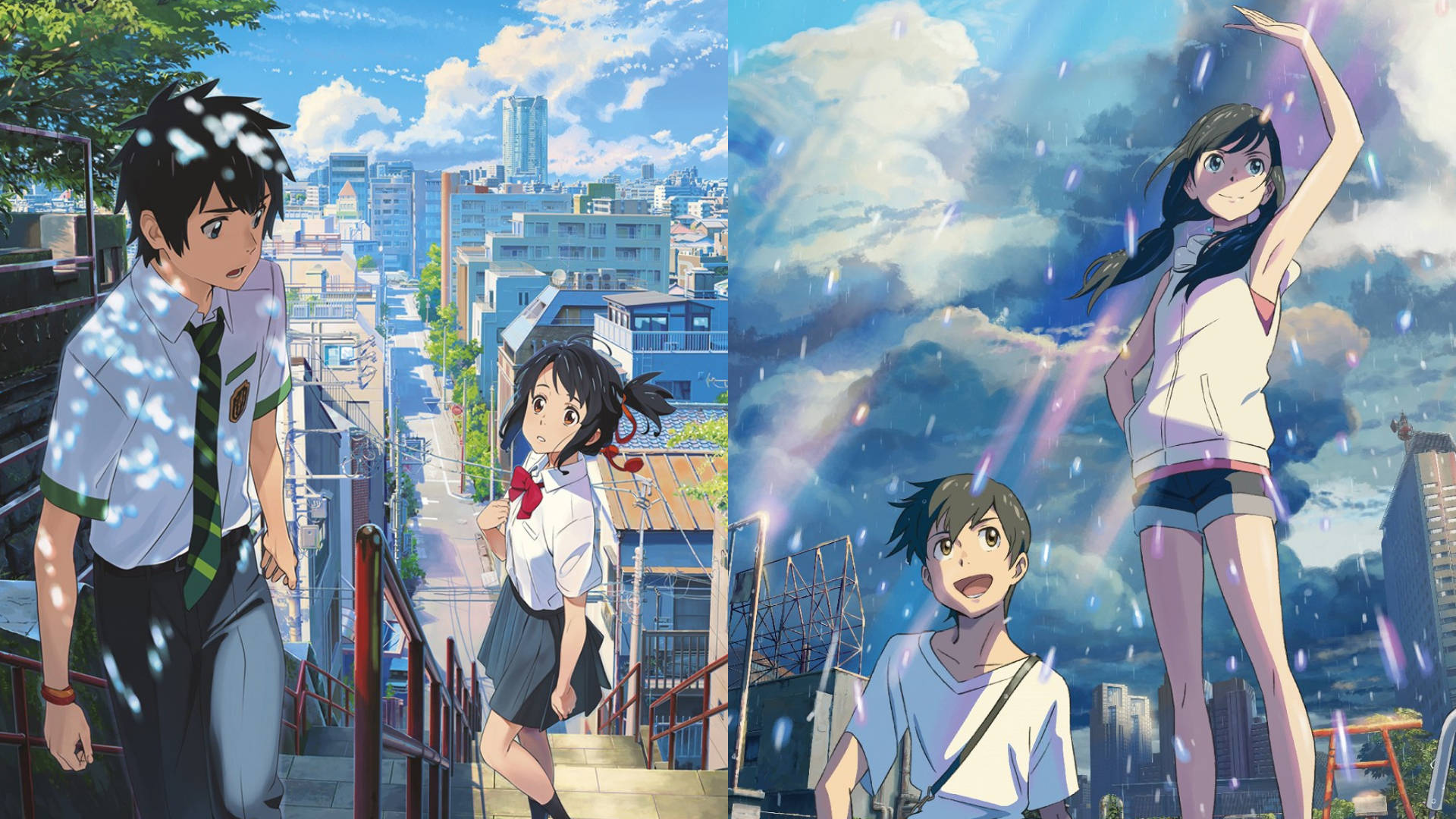 《你的名字。》與《天氣之子》新海誠 壁紙 — 兩個動漫場景展示青少年在都市環境中，一個在陽光下的樓梯上，另一個在雨中跳舞，伴隨著發光的粒子。