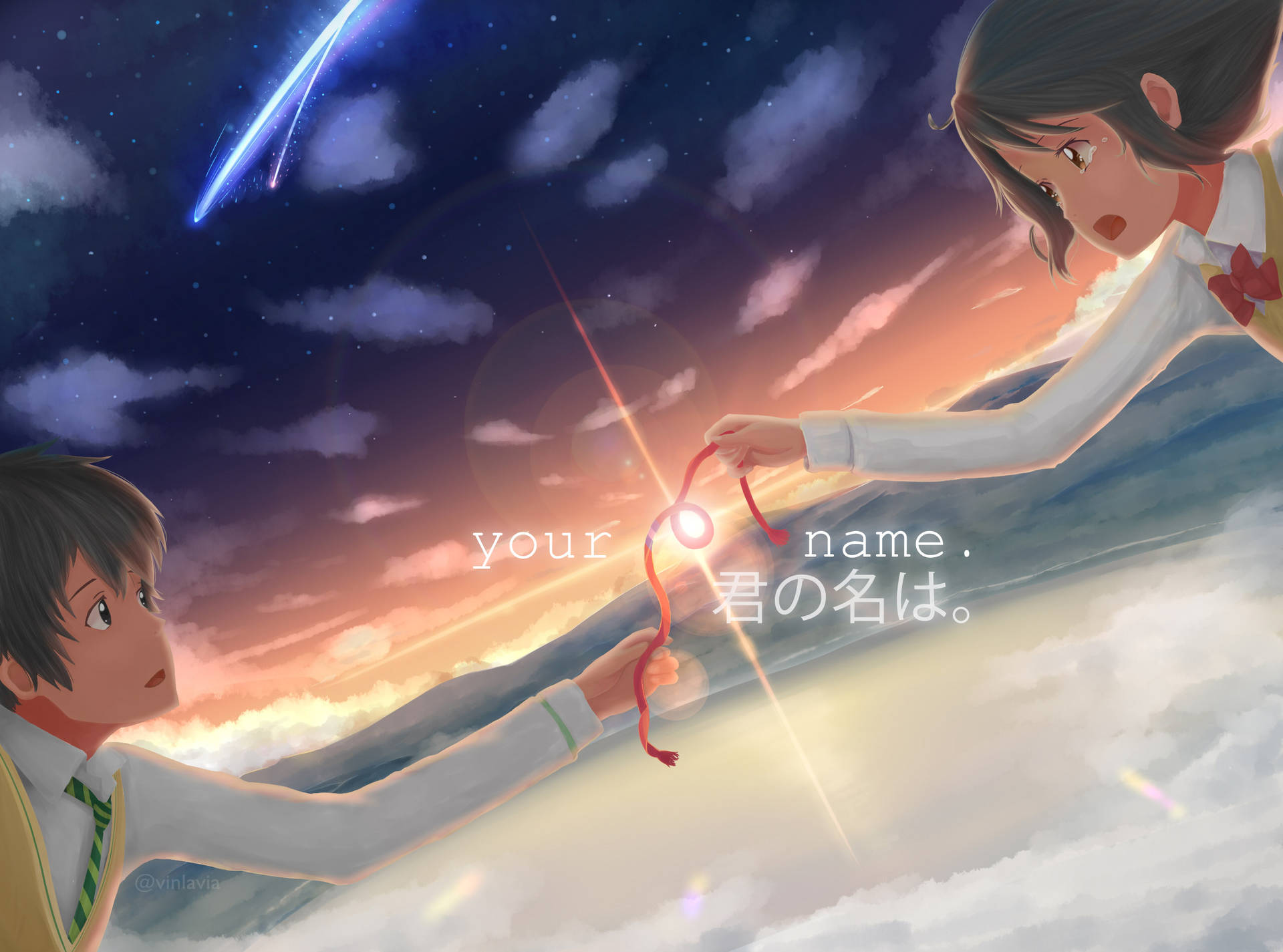 你的名字動畫2016紅線藝術 壁紙 — 兩個動漫青少年在星空下伸手拿著一條發光的紅絲帶，一顆彗星從頭頂掠過。