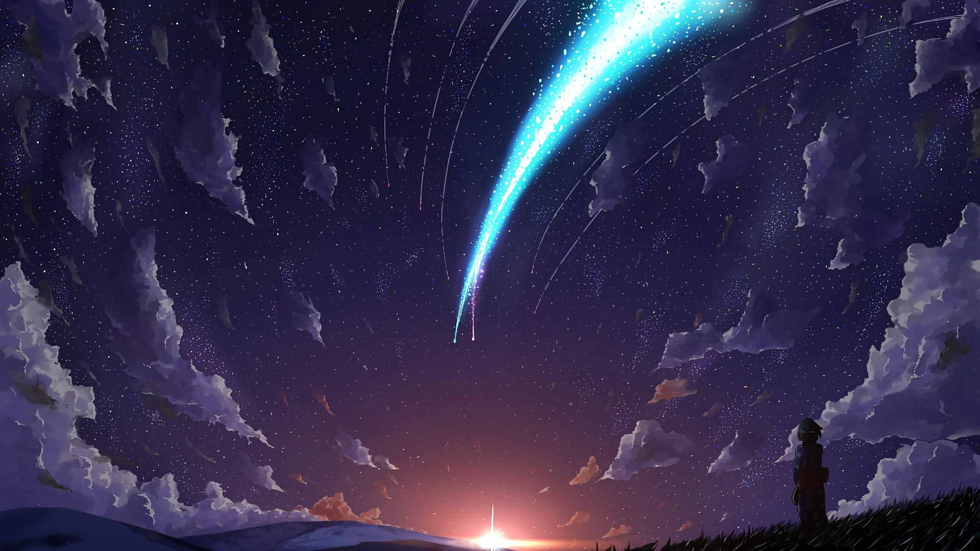 一個人在暮色中觀看星空紫色天空中發光的藍色彗星。