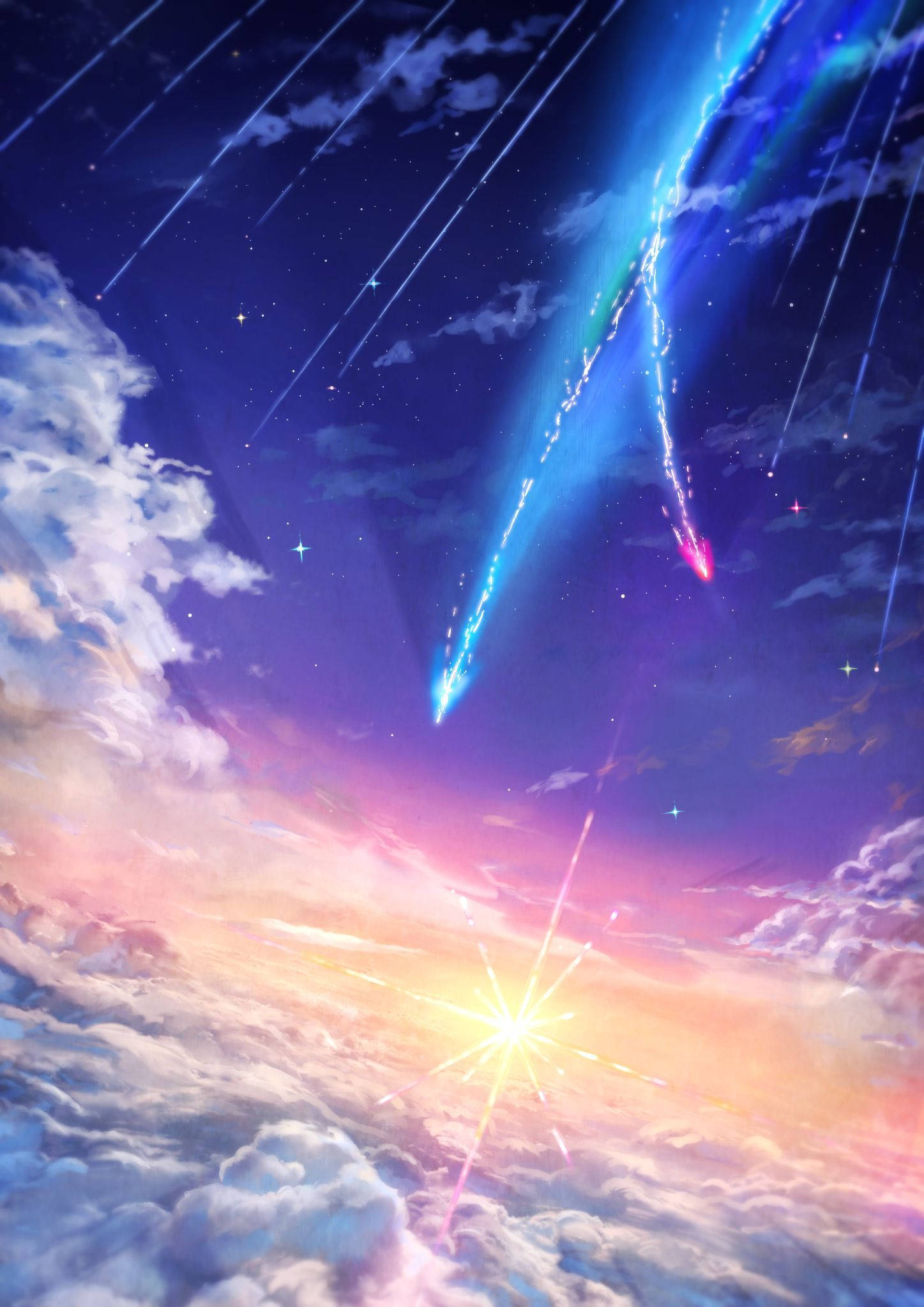 你的名字美麗彗星天空 壁紙 — 充滿活力的動畫風格天空，閃爍的流星劃過粉彩雲朵，燦爛的陽光穿透地平線。